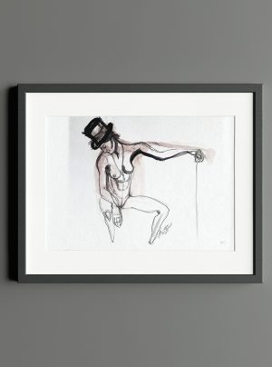 contemporary drawing of female model seated with a hat